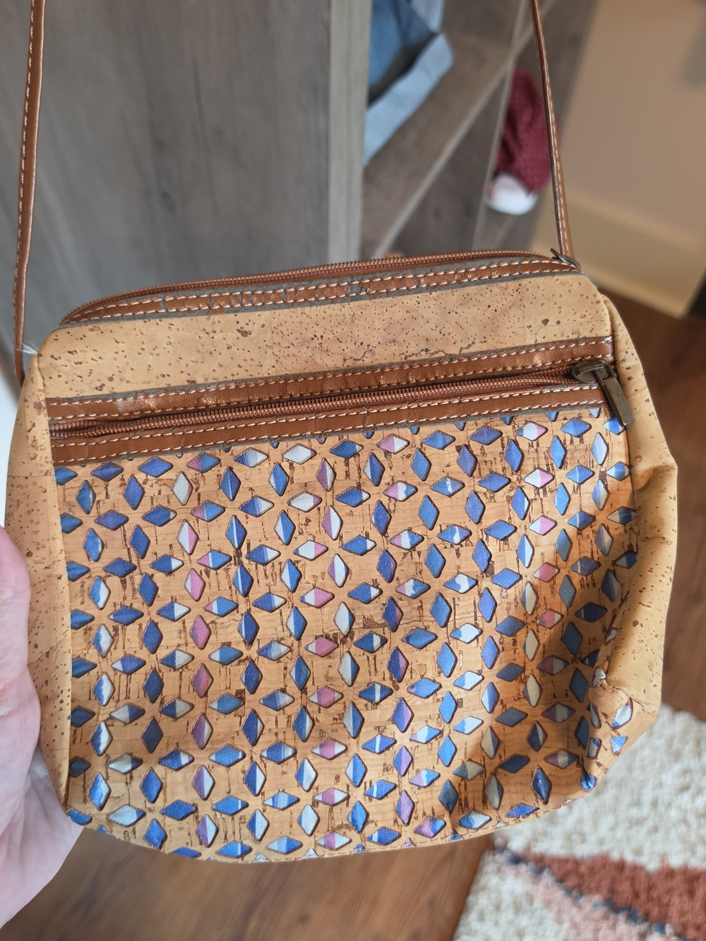Tan Cork Portugal Crossbody Bag with Blue Laser Cutout Accents